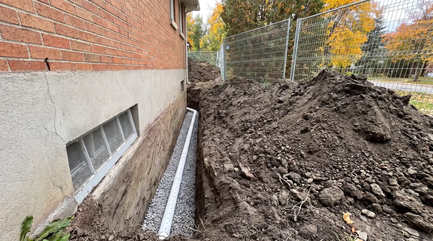 Trench dug down to the footing of a brick foundation in Montreal for a French drain installation