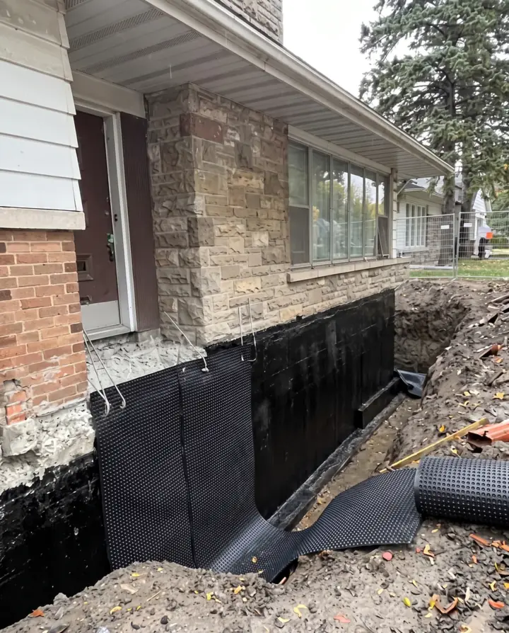 Excavated foundation covered with a black waterproofing membrane before the drain is laid